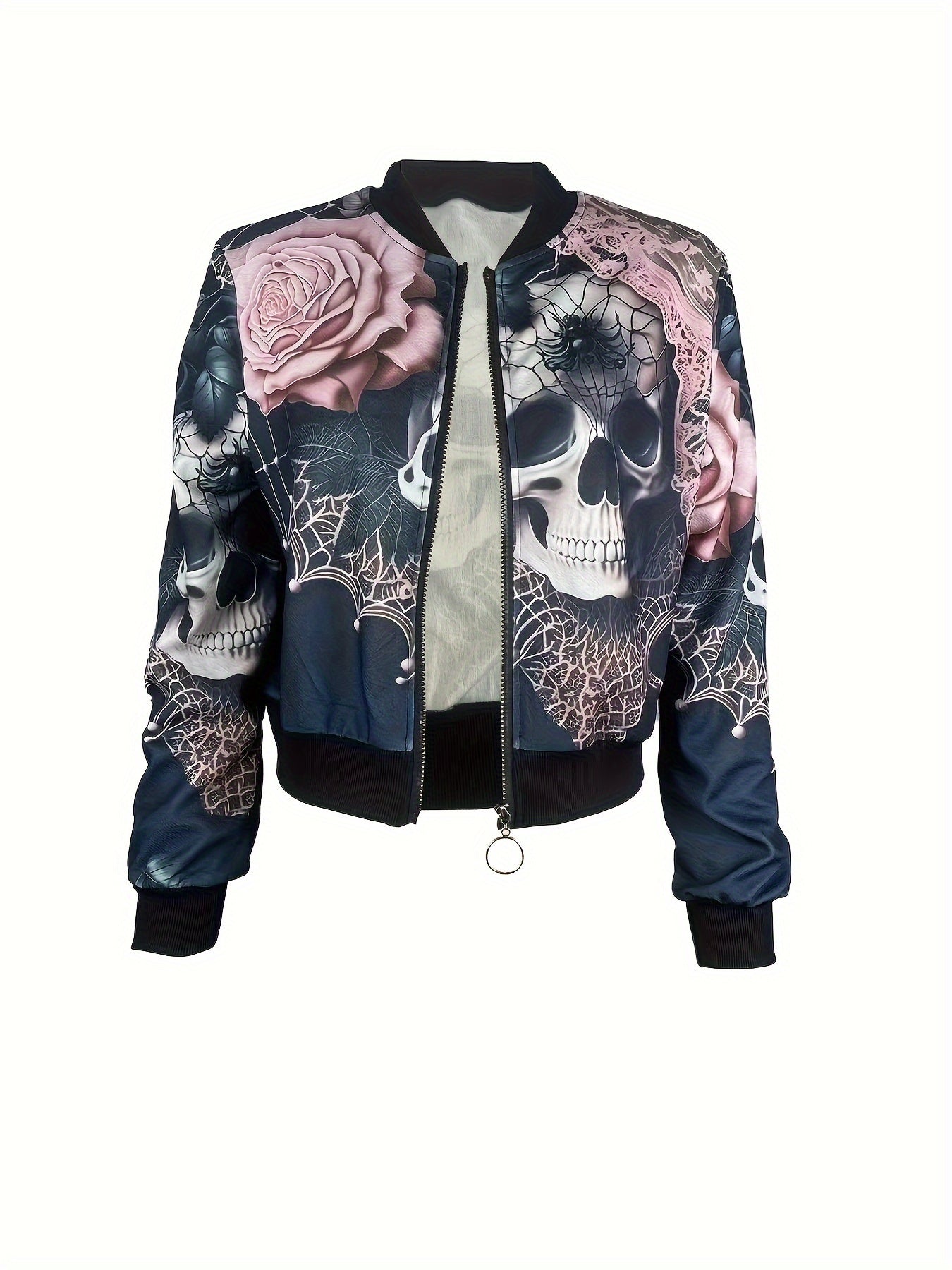 Vibrant Floral & Skull Print Zip-Up Jacket - Long Sleeve, Casual, Spring & Fall Essential, Women's Fashion Clothing with Adjustable Waist and Comfortable Fit